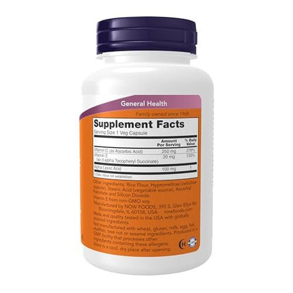 NOW Foods Alpha-Liponsäure 100 mg mit Vitamin C & E, 120 vegane Kapseln - Antioxidans & Radikalfänger