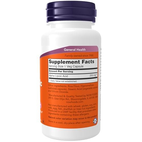 NOW Foods Alpha-Liponsäure 250 mg, 60 Kapseln – Antioxidans zur Unterstützung der Glutathionproduktion