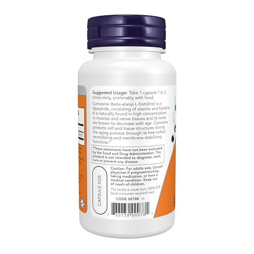 NOW Foods L-Carnosin (Beta-Alanyl-L-Histidin) 500 mg, 50 vegane Kapseln – Unterstützt gesundes Altern