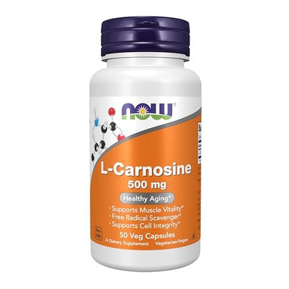 NOW Foods L-Carnosin (Beta-Alanyl-L-Histidin) 500 mg, 50 vegane Kapseln – Unterstützt gesundes Altern