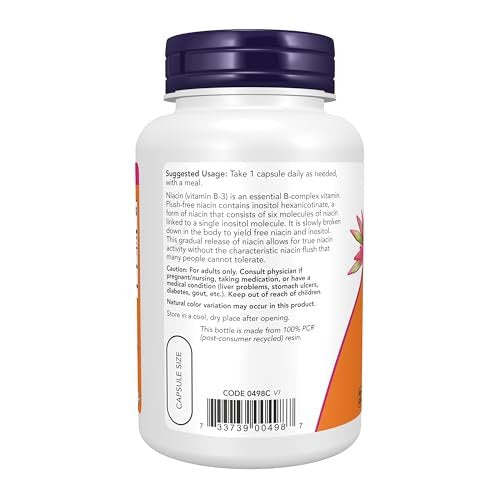 NOW Foods Niacin (Vitamin B-3) 500 mg, Flush-Free, Doppelte Stärke, 90 vegane Kapseln
