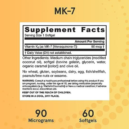 Jarrow Formulas MK-7 90 mcg – Bioaktives Vitamin K2 für Knochen- und Herz-Kreislauf-Gesundheit – 60 Weichkapseln, glutenfrei