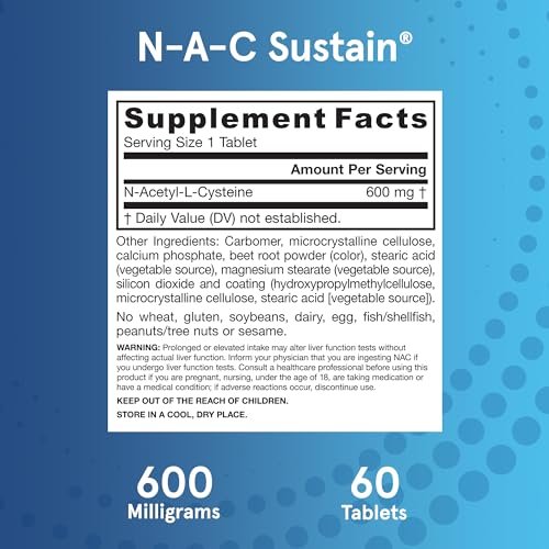 Jarrow Formulas N-A-C Sustain 600 mg – Nahrungsergänzungsmittel mit NAC zur Unterstützung der Lebergesundheit, 60 Tabletten