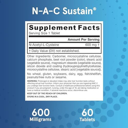 Jarrow Formulas N-A-C Sustain 600 mg – Nahrungsergänzungsmittel mit NAC zur Unterstützung der Lebergesundheit, 60 Tabletten