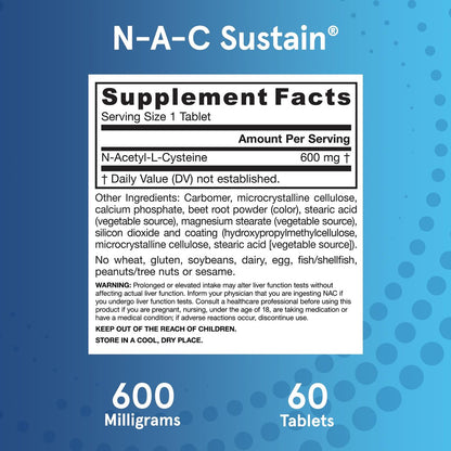Jarrow Formulas N-A-C Sustain 600 mg – Nahrungsergänzungsmittel mit NAC zur Unterstützung der Lebergesundheit, 60 Tabletten