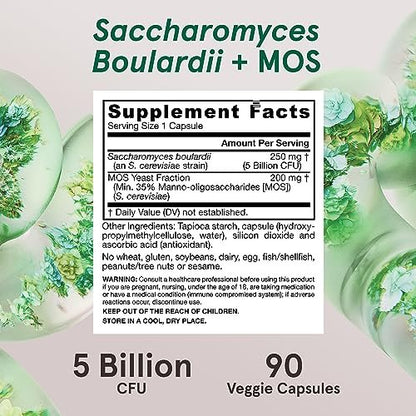 Jarrow Formulas Saccharomyces Boulardii + MOS Probiotika für Verdauungsgesundheit und Darmunterstützung - 5 Milliarden KBE pro Portion - 90 Kapseln mit verzögerter Freisetzung - Probiotikum + Präbiotikum - 90 Portionen
