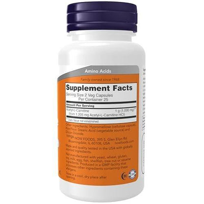 NOW Foods Acetyl-L-Carnitin 500 mg, 50 Veg Kapseln – Aminosäure zur Unterstützung der Gehirn- und Nervenzellfunktion