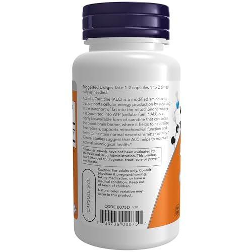 NOW Foods Acetyl-L-Carnitin 500 mg, 50 Veg Kapseln – Aminosäure zur Unterstützung der Gehirn- und Nervenzellfunktion