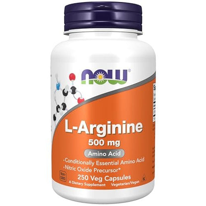 NOW Foods L-Arginin 500 mg – Stickstoffmonoxid-Vorstufe, Aminosäure, 250 vegane Kapseln