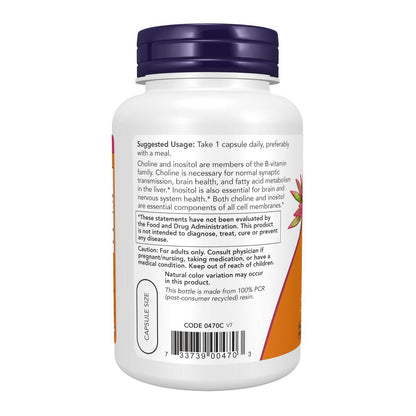 NOW Foods Cholin & Inositol 500 mg, 100 Kapseln – Unterstützt gesunde Nervenübertragung und Nervensystem