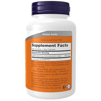 NOW Foods GABA (Gamma-Aminobuttersäure) 750 mg, 100 vegane Kapseln - Neurotransmitter-Unterstützung