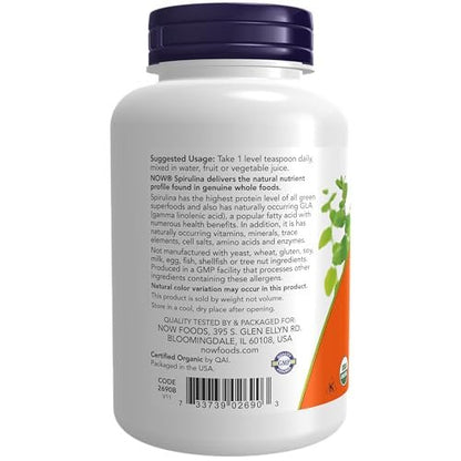 NOW Foods Bio Spirulina Pulver – 4 Unzen (113 g), reich an Beta-Carotin (Vitamin A) und B-12, mit natürlich vorkommender GLA und Chlorophyll