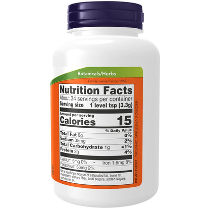 NOW Foods Bio Spirulina Pulver – 4 Unzen (113 g), reich an Beta-Carotin (Vitamin A) und B-12, mit natürlich vorkommender GLA und Chlorophyll