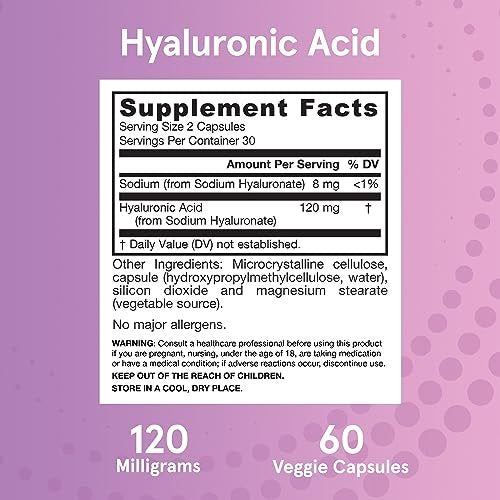 Jarrow Formulas Hyaluronsäure 120 mg – Nahrungsergänzungsmittel für Hautgesundheit, 60 vegane Kapseln, 30-Tage-Versorgung