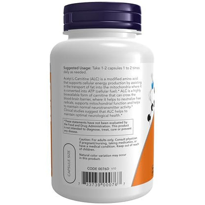 NOW Supplements, Acetyl-L-Carnitin 500 mg, Aminosäure, für Gehirn- und Nervenzellenfunktion*, 100 vegane Kapseln