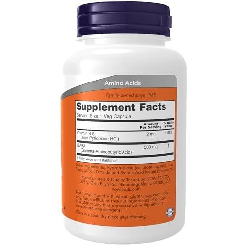 NOW Foods GABA (Gamma-Aminobuttersäure) 500 mg + B-6 – Natürlicher Neurotransmitter*, 100 Veggie-Kapseln