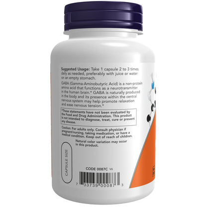 NOW Foods GABA 500 mg – 100 vegane Kapseln zur Unterstützung des Nervensystems