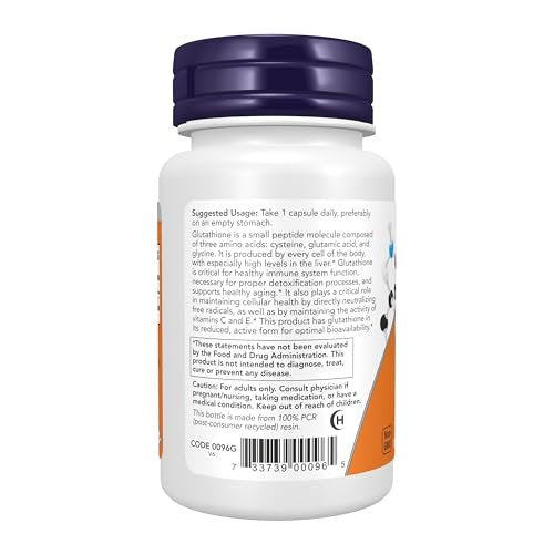 NOW Foods Glutathion 250 mg – 60 vegane Kapseln zur Unterstützung der Entgiftung und als Antioxidans