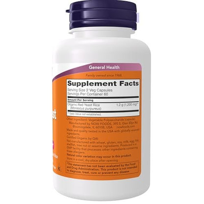 NOW Supplements, Rote Hefe 600 mg, Hergestellt mit Bio-Rotem Reis, 120 Veggie-Kapseln