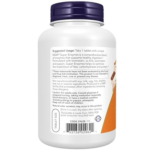 NOW Foods Super Enzyme Komplex mit Bromelain, Ochsen Galle, Pankreatin und Papain – 180 Tabletten