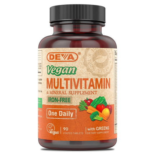 DEVA Vegan Eisenfreies Multivitamin & Mineral Ergänzungsmittel mit Grünzeugmischung, Spirulina, Chlorella, Ashwagandha, Brokkoli, 90 überzogene Tabletten