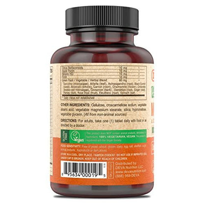 DEVA Vegan Eisenfreies Multivitamin & Mineral Ergänzungsmittel mit Grünzeugmischung, Spirulina, Chlorella, Ashwagandha, Brokkoli, 90 überzogene Tabletten