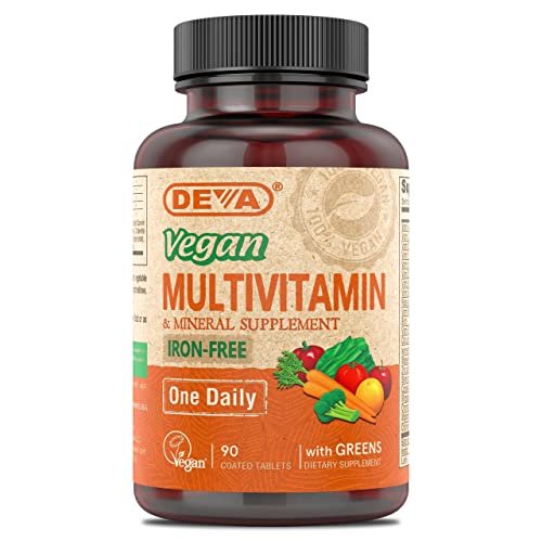 DEVA Vegan Eisenfreies Multivitamin & Mineral Ergänzungsmittel mit Grünzeugmischung, Spirulina, Chlorella, Ashwagandha, Brokkoli, 90 überzogene Tabletten