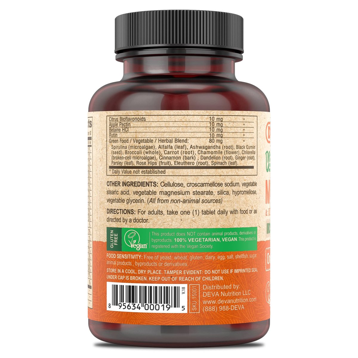 DEVA Vegan Eisenfreies Multivitamin & Mineral Ergänzungsmittel mit Grünzeugmischung, Spirulina, Chlorella, Ashwagandha, Brokkoli, 90 überzogene Tabletten