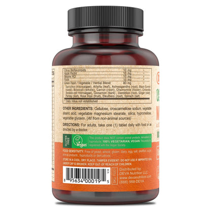 DEVA Vegan Eisenfreies Multivitamin & Mineral Ergänzungsmittel mit Grünzeugmischung, Spirulina, Chlorella, Ashwagandha, Brokkoli, 90 überzogene Tabletten
