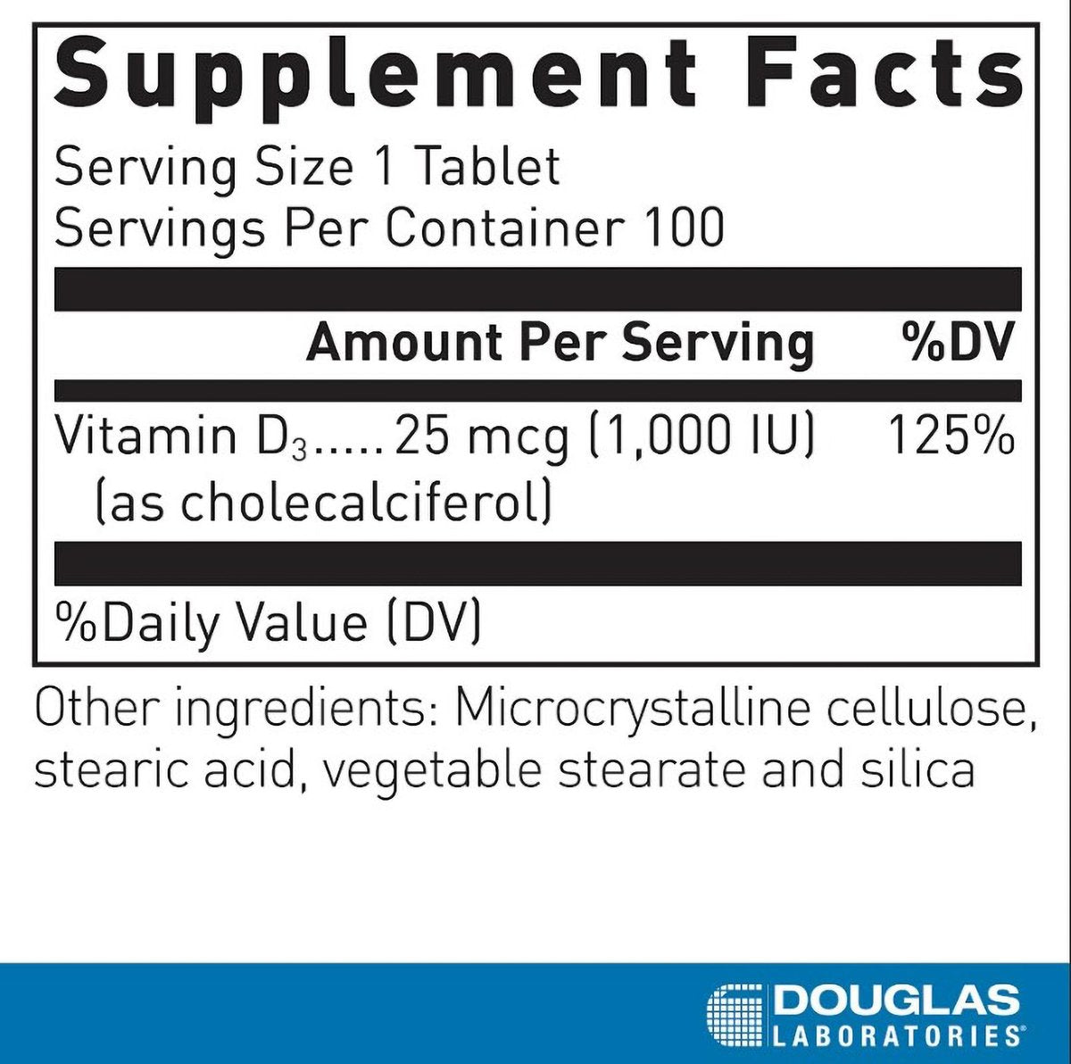 Douglas Laboratories Vitamin D3 25 µg (1.000 IE) – 100 Tabletten – Unterstützt Immunsystem, Knochen- und Zahngesundheit*