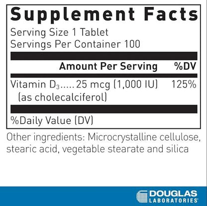 Douglas Laboratories Vitamin D3 25 µg (1.000 IE) – 100 Tabletten – Unterstützt Immunsystem, Knochen- und Zahngesundheit*