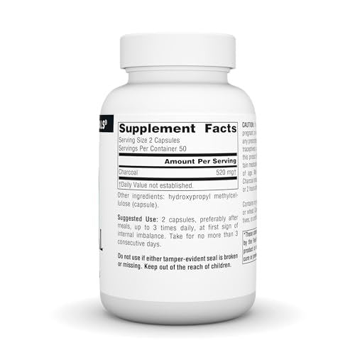 Source Naturals Aktivkohle – 100 % reine, aktivierte Holzkohle, Verdauungshilfe – 100 Kapseln