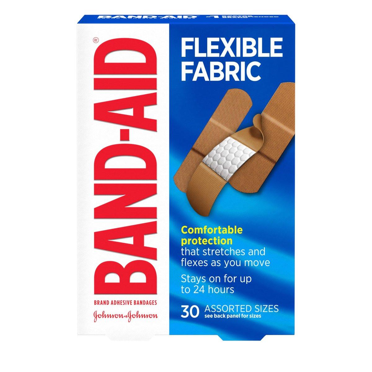 Band-Aid Flexible Fabric Wundpflaster, sterile, wasserabweisend, für kleine Schnitte und Verbrennungen, Quilt-Aid-Technologie, gemischte Größen, 30 Stück