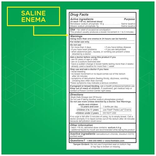 Fleet Salinisches Abführmittel Einlauf, Verstopfungslinderung für Erwachsene, schnell wirkender vorgefüllter Einlauf, 4,5 Fl Oz, 2 Flaschen