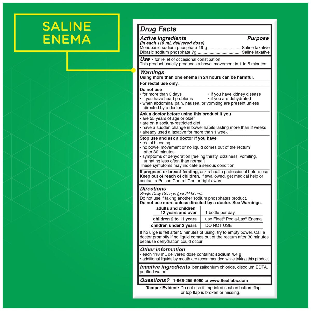 Fleet Salinisches Abführmittel Einlauf, Verstopfungslinderung für Erwachsene, schnell wirkender vorgefüllter Einlauf, 4,5 Fl Oz, 2 Flaschen