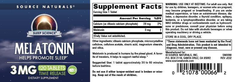 Source Naturals Zeitfreisetzendes Melatonin - 3 mg, 120 Tabletten