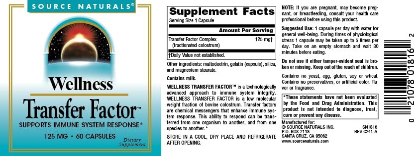 Source Naturals Wellness Transfer Factor – Immunsystem-Unterstützung, 125 mg, 60 Kapseln