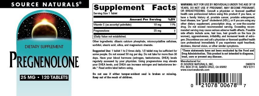 Source Naturals Pregnenolon 25 mg – 120 Tabletten – Hormonvorläufer für Gedächtnis und Vitalität