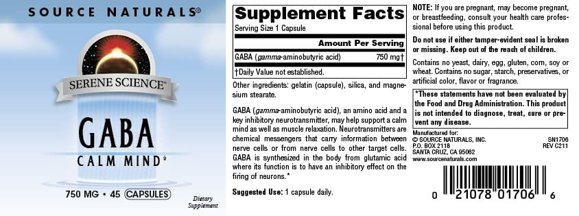 Source Naturals Serene Science GABA 750 mg – 45 Kapseln zur Förderung eines ruhigen Geistes
