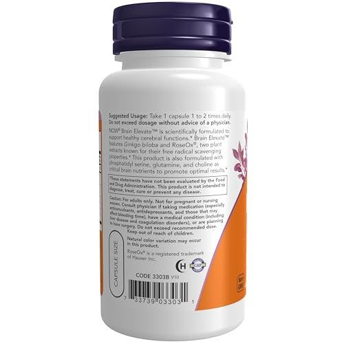 NOW Foods Brain Elevate™ mit Ginkgo Biloba, RoseOx® und Phosphatidylserin – 60 vegane Kapseln