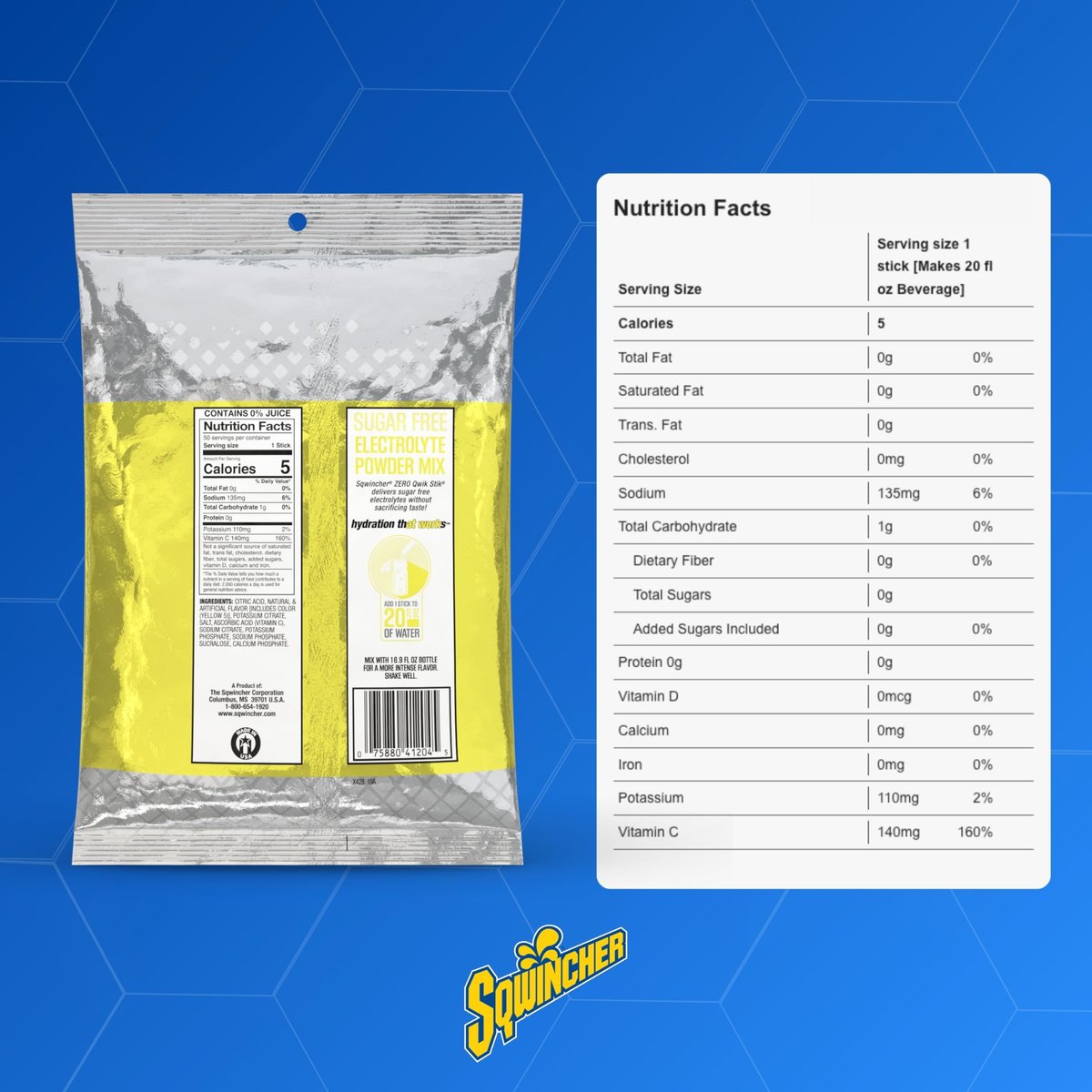 Sqwincher Zero Qwik Stik, Zitronenlimonade, Zuckerfrei, Kalorienarm, Natriumarm, Elektrolyt-Pulver zur Hydration, 0,11 oz Beutel (Packung mit 50)