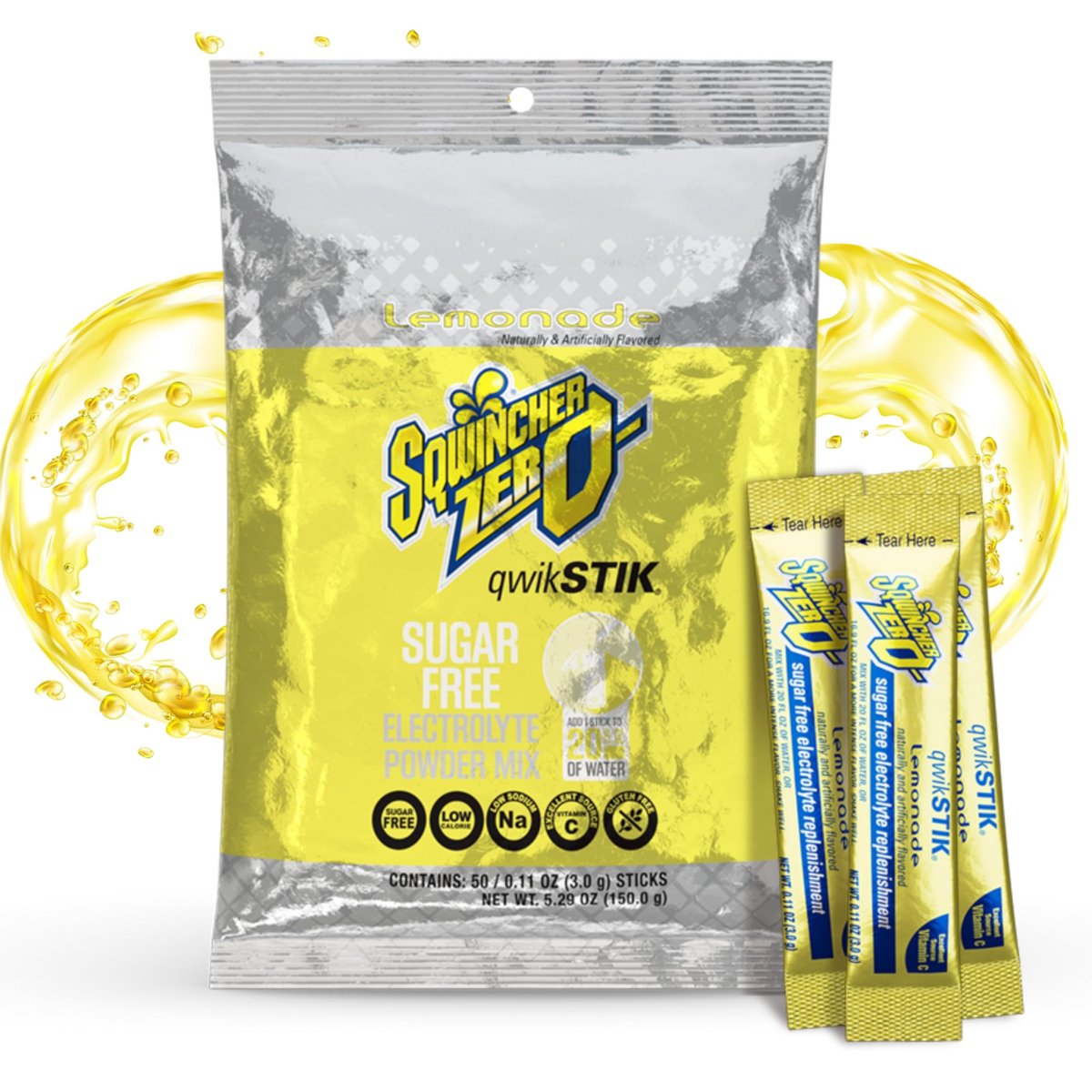 Sqwincher Zero Qwik Stik, Zitronenlimonade, Zuckerfrei, Kalorienarm, Natriumarm, Elektrolyt-Pulver zur Hydration, 0,11 oz Beutel (Packung mit 50)