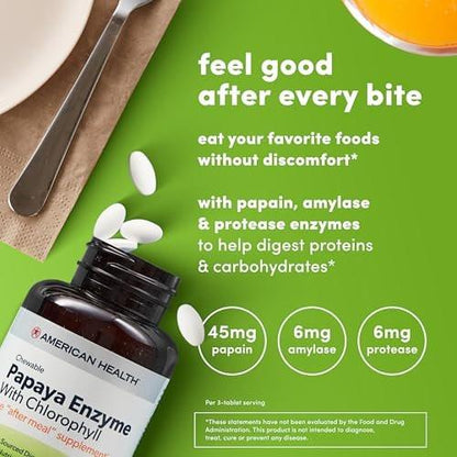 American Health Kaubare Papaya-Enzyme mit Chlorophyll – 100 Kautabletten