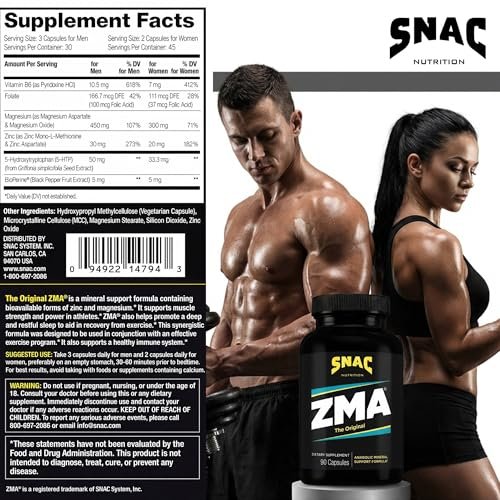 SNAC ZMA Das Original Schlaf- & Erholungsergänzungsmittel – Unterstützt Muskelerholung, erholsamen Schlaf, Entspannung, Stressabbau und Immunsystem mit Magnesium, Zink und Vitamin B6, 90 vegane Kapseln