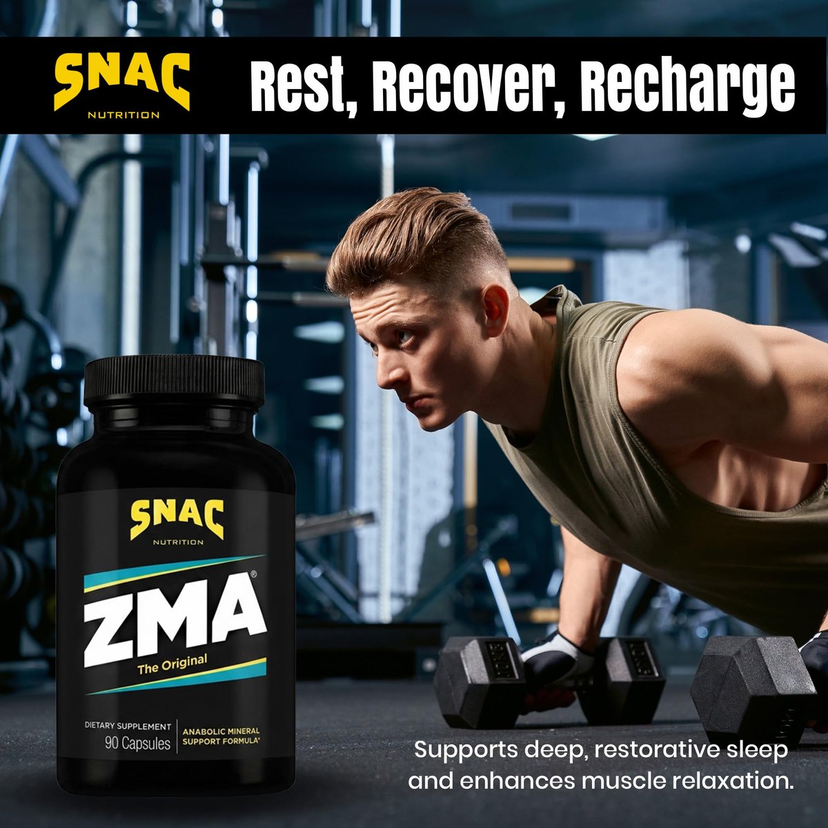 SNAC ZMA Das Original Schlaf- & Erholungsergänzungsmittel – Unterstützt Muskelerholung, erholsamen Schlaf, Entspannung, Stressabbau und Immunsystem mit Magnesium, Zink und Vitamin B6, 90 vegane Kapseln