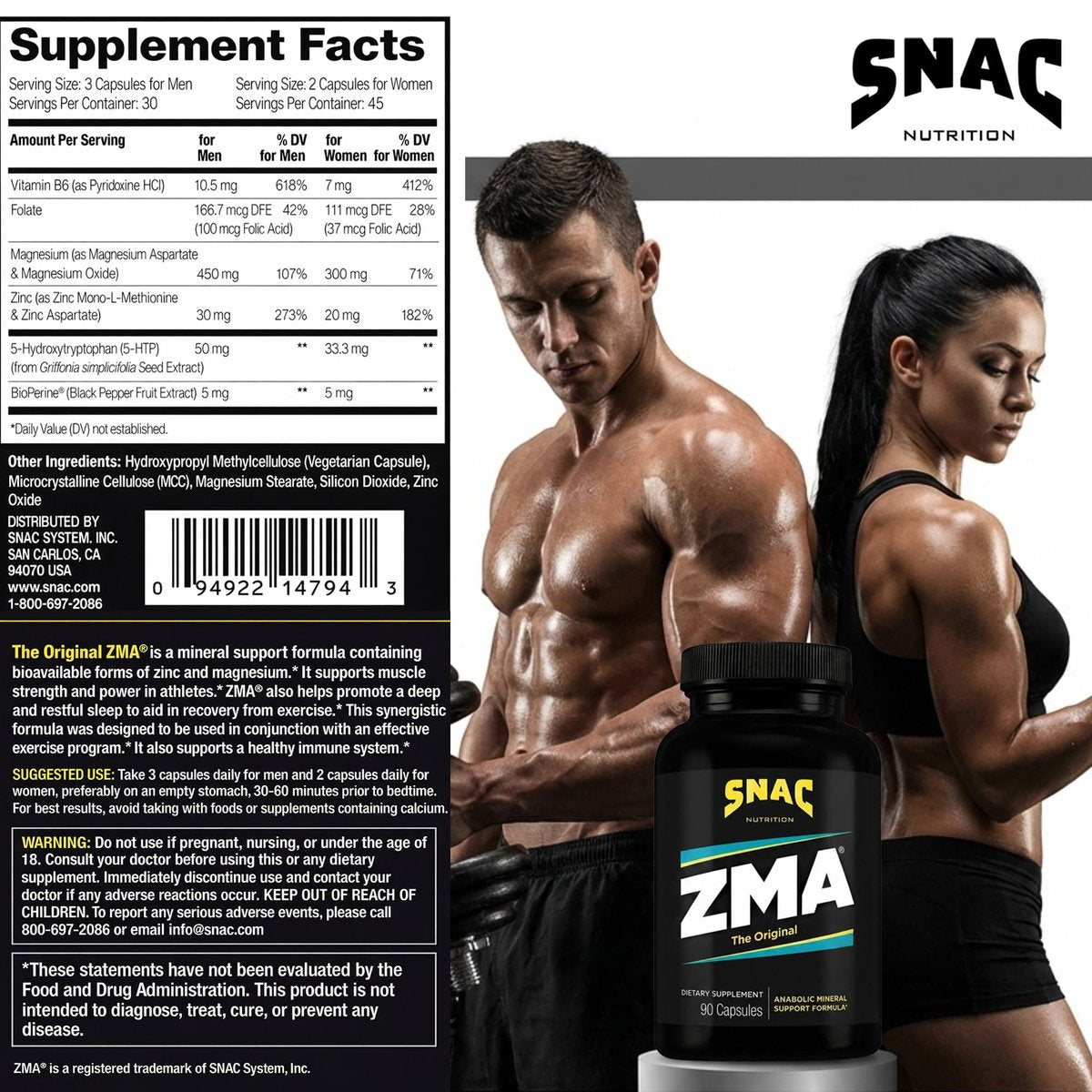 SNAC ZMA Das Original Schlaf- & Erholungsergänzungsmittel – Unterstützt Muskelerholung, erholsamen Schlaf, Entspannung, Stressabbau und Immunsystem mit Magnesium, Zink und Vitamin B6, 90 vegane Kapseln