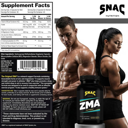 SNAC ZMA Das Original Schlaf- & Erholungsergänzungsmittel – Unterstützt Muskelerholung, erholsamen Schlaf, Entspannung, Stressabbau und Immunsystem mit Magnesium, Zink und Vitamin B6, 90 vegane Kapseln