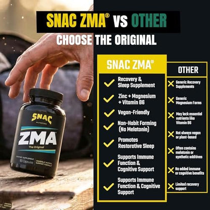 SNAC ZMA Das Original Schlaf- & Erholungsergänzungsmittel – Unterstützt Muskelerholung, erholsamen Schlaf, Entspannung, Stressabbau und Immunsystem mit Magnesium, Zink und Vitamin B6, 90 vegane Kapseln