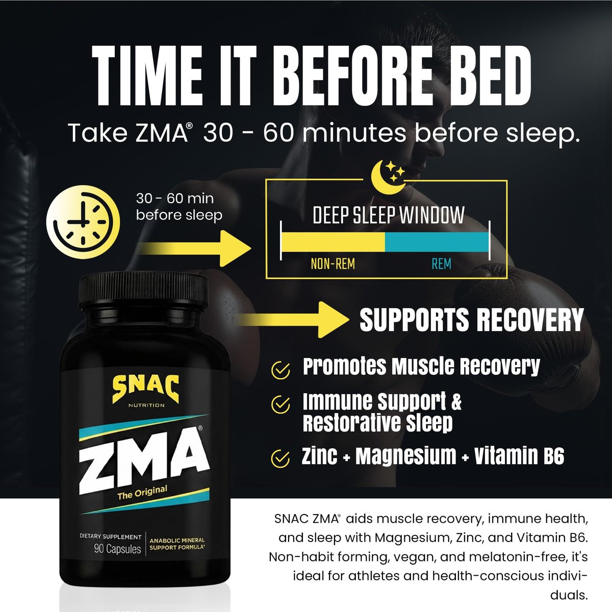 SNAC ZMA Das Original Schlaf- & Erholungsergänzungsmittel – Unterstützt Muskelerholung, erholsamen Schlaf, Entspannung, Stressabbau und Immunsystem mit Magnesium, Zink und Vitamin B6, 90 vegane Kapseln