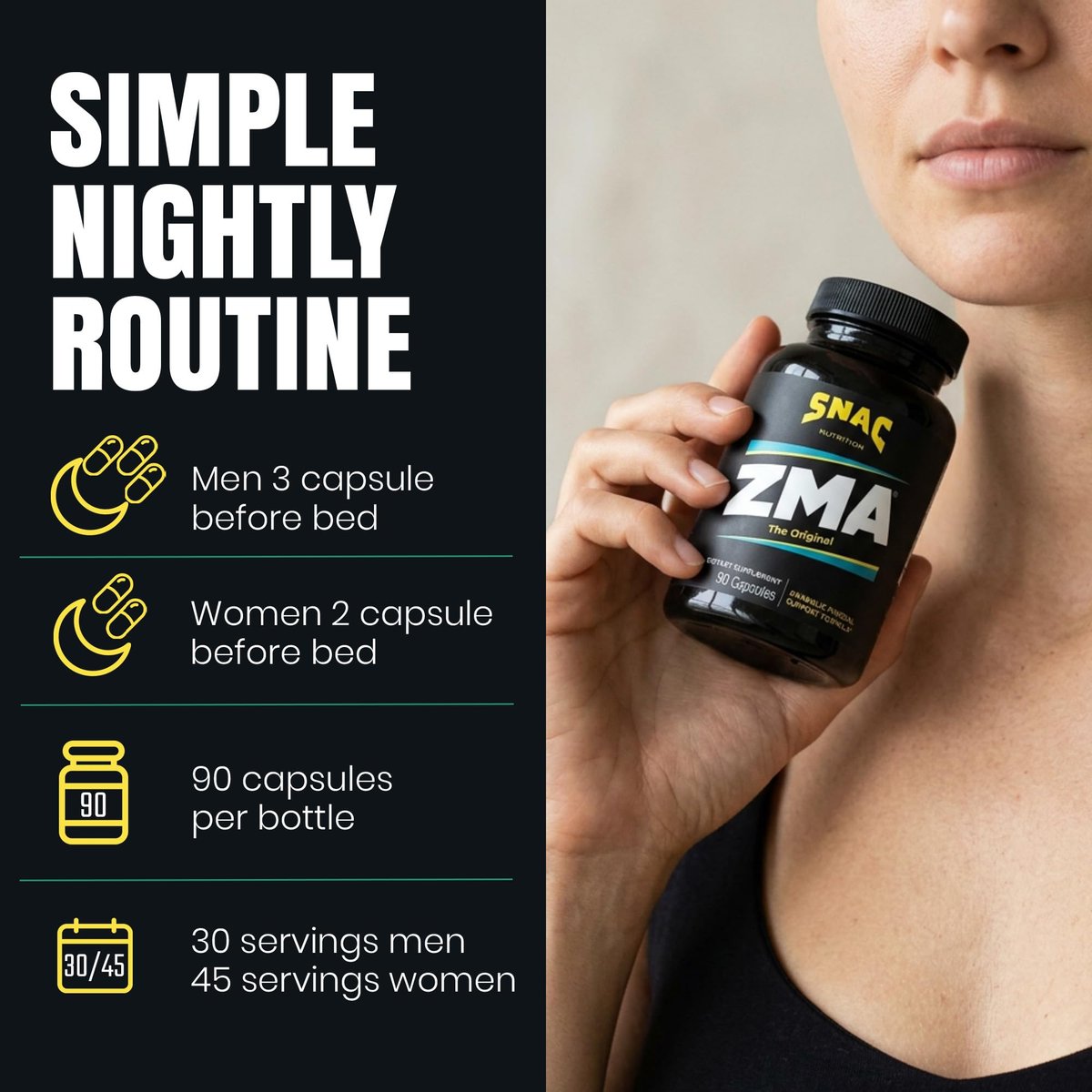 SNAC ZMA Das Original Schlaf- & Erholungsergänzungsmittel – Unterstützt Muskelerholung, erholsamen Schlaf, Entspannung, Stressabbau und Immunsystem mit Magnesium, Zink und Vitamin B6, 90 vegane Kapseln
